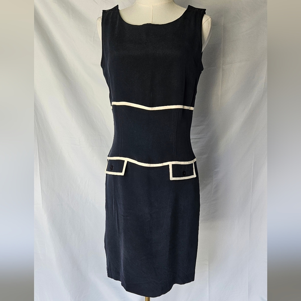 Vintage Silk Pat Argenti Midi Dress Size 10 Navy White 90s
